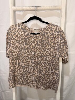 Sioni Beige and Gray Leopard-Print Button Cardigan